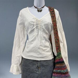 Y2K Overdrive White Lace Up Peasant Top Long Sleeve Cotton Boho Blouse XL